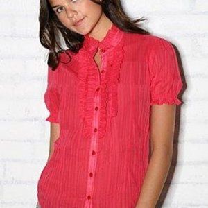 UO Urban Renewal Vintage Pink Tuxedo Ruffle Blouse